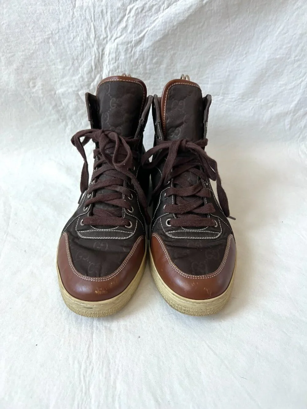 Gucci sneakers GG nylon brown leather 8.5 US 9 mens lace up high top shoes